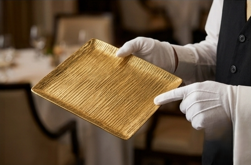 A high-end square plate with a gold textured finish placed on a dark wood table next to modern black-handled cutlery and a white cloth napkin.