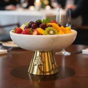 Luxury marble fruit bowl with elegant gold metal pedestal base displayed on a premium restaurant dining table, designed for hotels, fine dining restaurants, buffet presentation, and modern hospitality table décor.