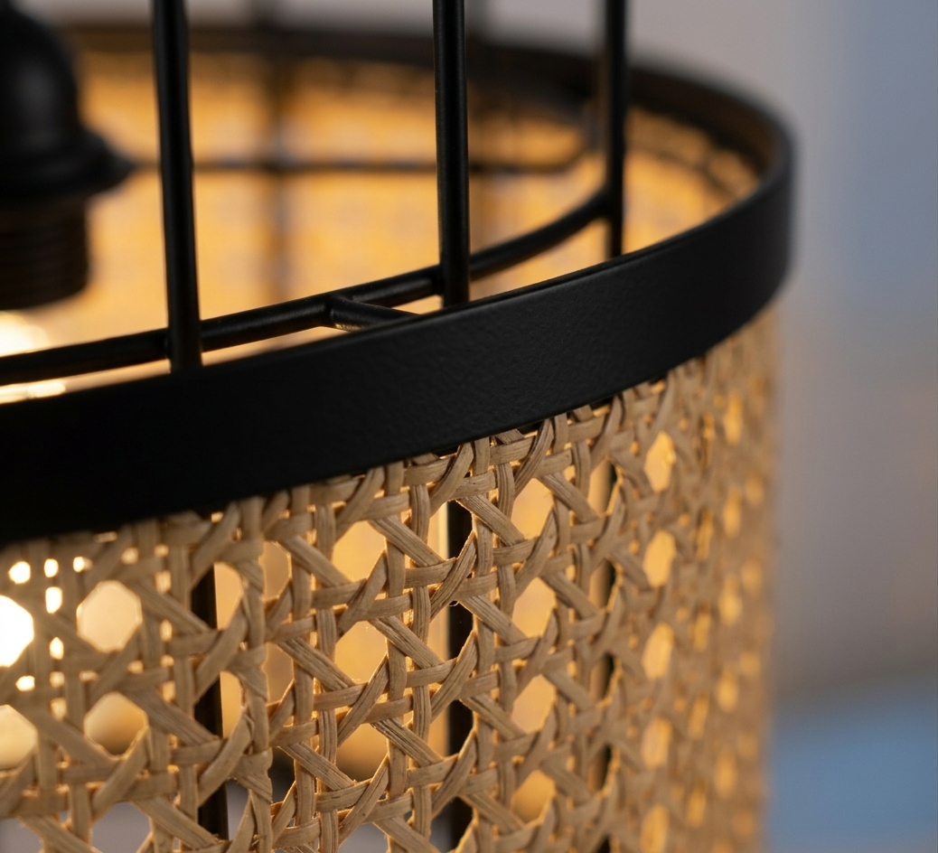 Arissa Cage Pendant light fixture with natural cane webbing and a matte black metal cage, hanging and lit, next to a wooden block with descriptive text against a white wall.