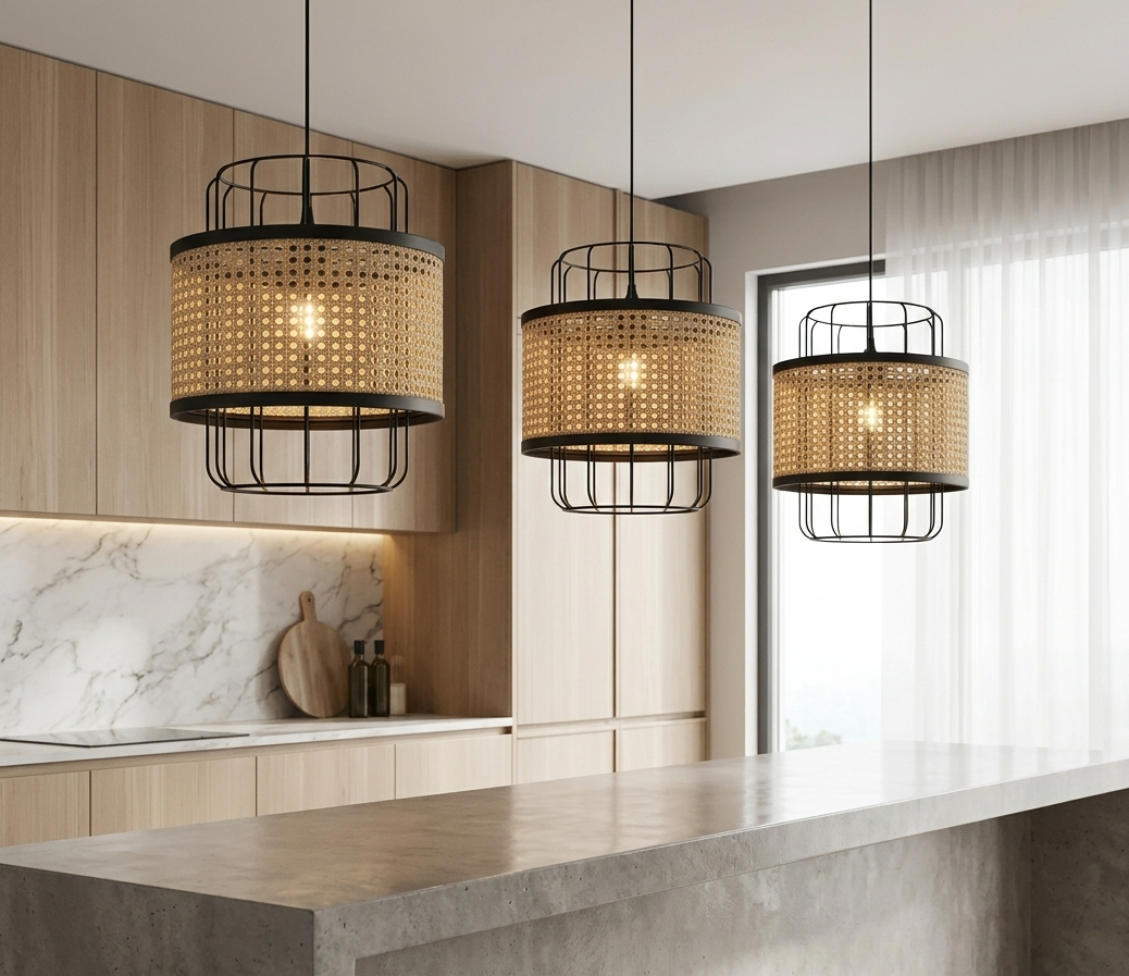 Arissa Cage Pendant light fixture with natural cane webbing and a matte black metal cage, hanging and lit, next to a wooden block with descriptive text against a white wall.