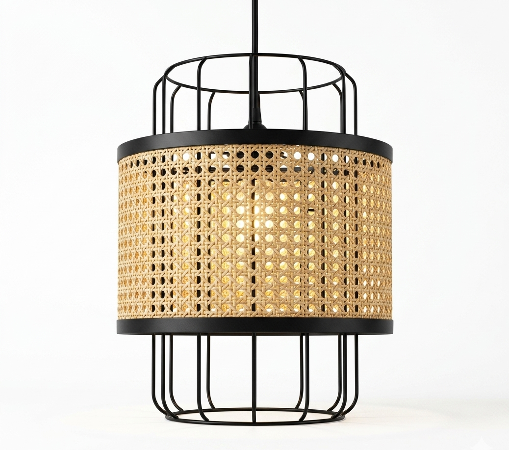 Arissa Cage Pendant light fixture with natural cane webbing and a matte black metal cage, hanging and lit, next to a wooden block with descriptive text against a white wall.