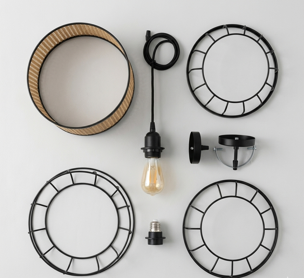 Arissa Cage Pendant light fixture with natural cane webbing and a matte black metal cage, hanging and lit, next to a wooden block with descriptive text against a white wall.