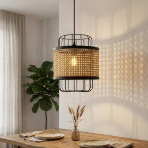 Arissa Cage Pendant light fixture with natural cane webbing and a matte black metal cage, hanging and lit, next to a wooden block with descriptive text against a white wall.