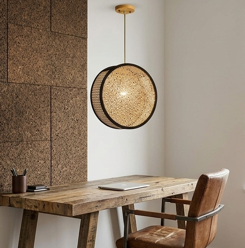 A round, illuminated pendant light made of woven natural rattan cane webbing with a black metal frame, hanging from a ceiling with a wood canopy.