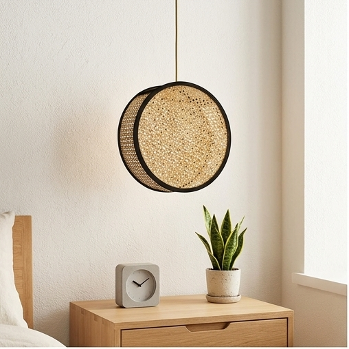 A round, illuminated pendant light made of woven natural rattan cane webbing with a black metal frame, hanging from a ceiling with a wood canopy.