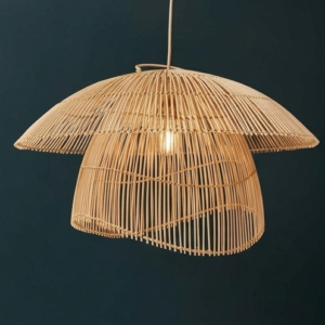 A four-panel product collage showcasing a double-layered rattan pendant light in various color finishes, including natural honey-beige, warm brown, and architectural matte black, displayed in both studio shots and minimalist interior settings.