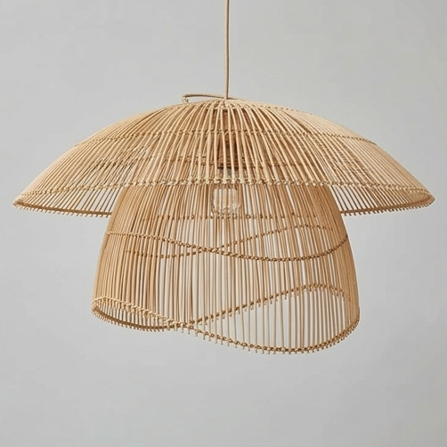 A four-panel product collage showcasing a double-layered rattan pendant light in various color finishes, including natural honey-beige, warm brown, and architectural matte black, displayed in both studio shots and minimalist interior settings.