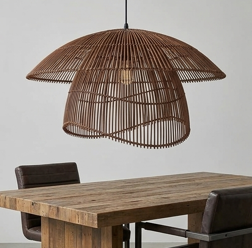 A four-panel product collage showcasing a double-layered rattan pendant light in various color finishes, including natural honey-beige, warm brown, and architectural matte black, displayed in both studio shots and minimalist interior settings.