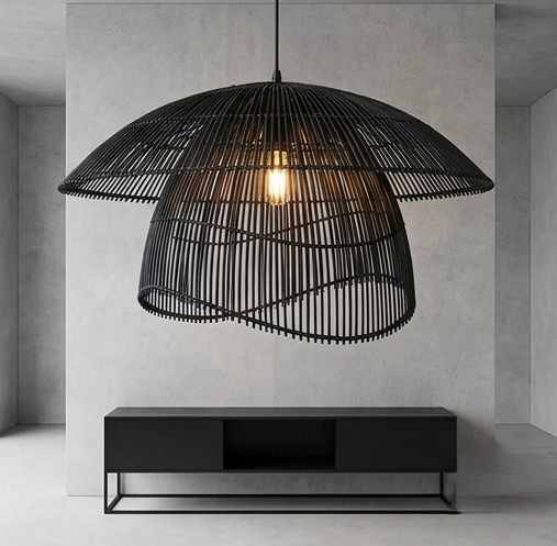 A four-panel product collage showcasing a double-layered rattan pendant light in various color finishes, including natural honey-beige, warm brown, and architectural matte black, displayed in both studio shots and minimalist interior settings.
