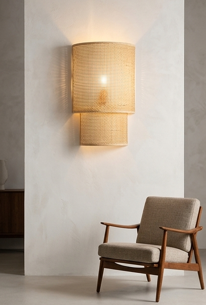 A four-panel product collage showcasing a semi-cylindrical woven rattan wall sconce in different hospitality settings, featuring natural, walnut, and black finishes alongside a close-up texture shot.