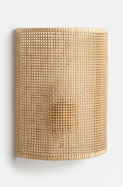 A four-panel product collage showcasing a semi-cylindrical woven rattan wall sconce in different hospitality settings, featuring natural, walnut, and black finishes alongside a close-up texture shot.