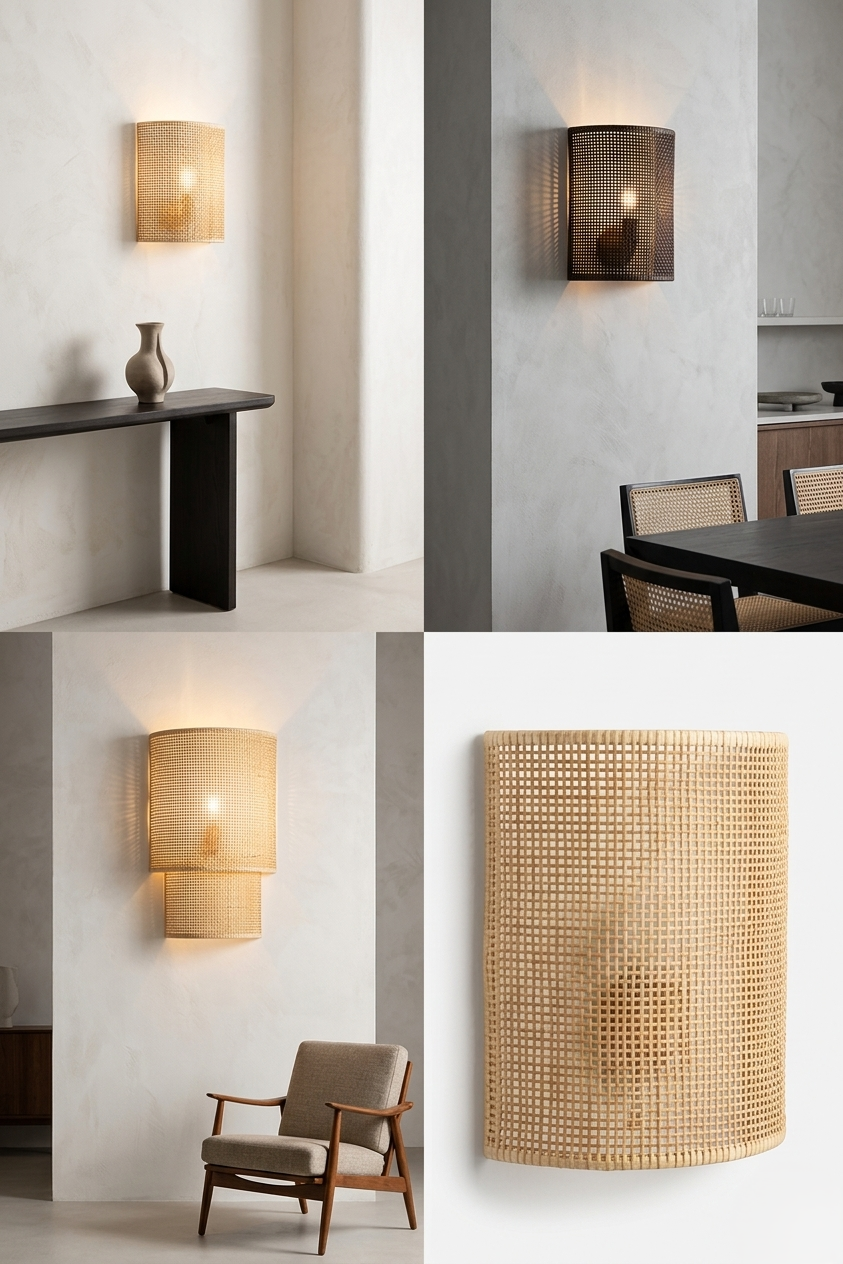 A four-panel product collage showcasing a semi-cylindrical woven rattan wall sconce in different hospitality settings, featuring natural, walnut, and black finishes alongside a close-up texture shot.
