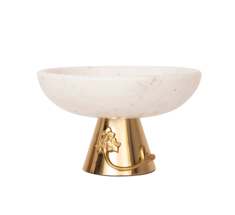 Luxury marble fruit bowl with elegant gold metal pedestal base displayed on a premium restaurant dining table, designed for hotels, fine dining restaurants, buffet presentation, and modern hospitality table décor.