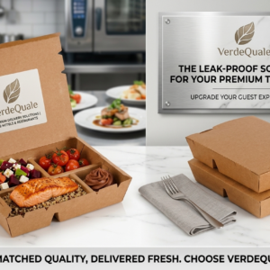 Premium 4-compartment kraft paper food takeaway box by VerdeQuale filled with salmon, quinoa, salad, and roasted tomatoes, displayed on a marble kitchen counter alongside a sustainable wooden fork and stacked closed containers.