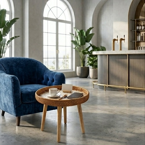 A round side table with three tapered light wood legs. The tabletop features a sunburst shell mosaic pattern in white and tan, surrounded by a raised edge made of woven natural rattan.