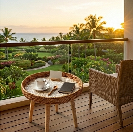 A round side table with three tapered light wood legs. The tabletop features a sunburst shell mosaic pattern in white and tan, surrounded by a raised edge made of woven natural rattan.