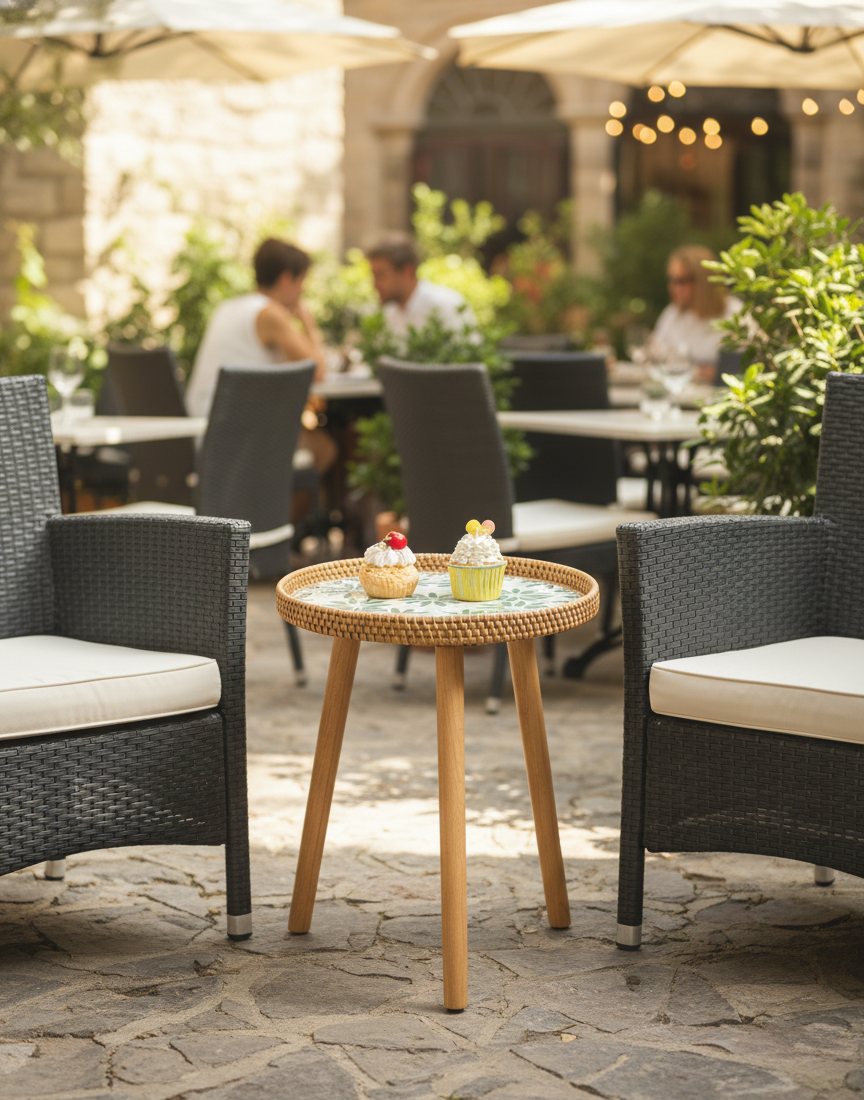 A round side table with three tapered light wood legs. The tabletop features a sunburst shell mosaic pattern in white and tan, surrounded by a raised edge made of woven natural rattan.