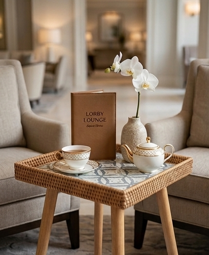 A square accent side table featuring a geometric Mother of Pearl inlay top, a hand-woven natural rattan tray border, and four tapered light wood legs against a neutral backdrop.