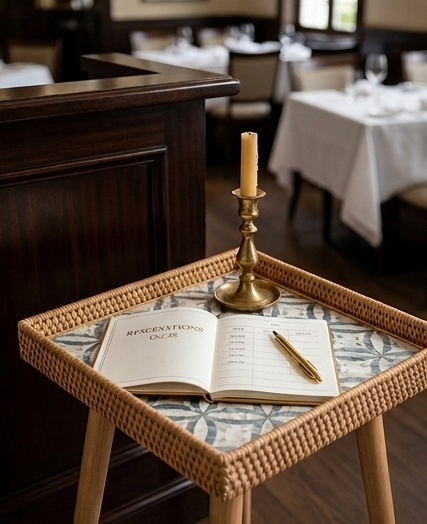 A square accent side table featuring a geometric Mother of Pearl inlay top, a hand-woven natural rattan tray border, and four tapered light wood legs against a neutral backdrop.