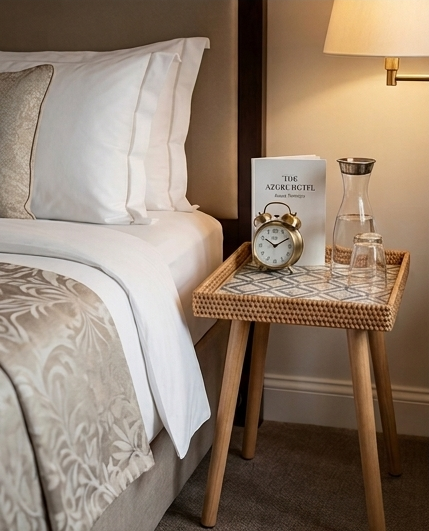 A square accent side table featuring a geometric Mother of Pearl inlay top, a hand-woven natural rattan tray border, and four tapered light wood legs against a neutral backdrop.