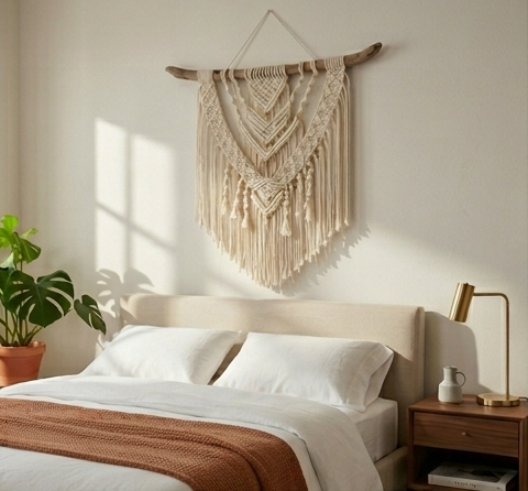 A four-panel image collage showcasing a large, cream-colored macrame wall hanging styled across four different hospitality environments: a hotel bedroom, a restaurant dining table, a cafe lounge, and a hotel lobby.