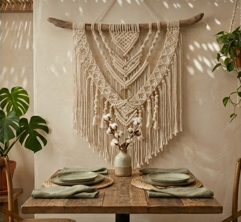 A four-panel image collage showcasing a large, cream-colored macrame wall hanging styled across four different hospitality environments: a hotel bedroom, a restaurant dining table, a cafe lounge, and a hotel lobby.