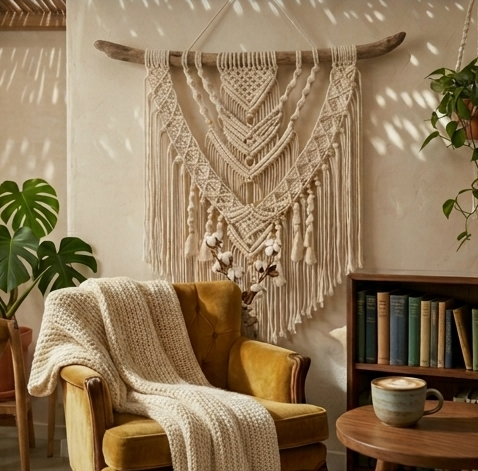 A four-panel image collage showcasing a large, cream-colored macrame wall hanging styled across four different hospitality environments: a hotel bedroom, a restaurant dining table, a cafe lounge, and a hotel lobby.