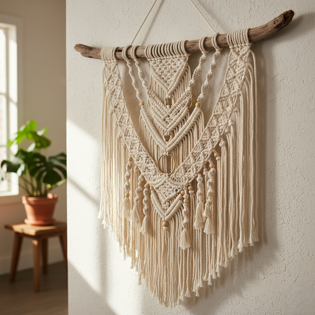 A four-panel image collage showcasing a large, cream-colored macrame wall hanging styled across four different hospitality environments: a hotel bedroom, a restaurant dining table, a cafe lounge, and a hotel lobby.