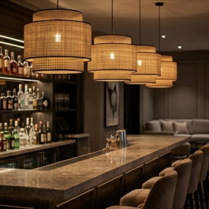 Handcrafted layered rattan pendant lamp with a natural woven cylindrical shade design, suspended from the ceiling and emitting a warm ambient glow, ideal for hotels, restaurants, cafés, and hospitality interiors.
