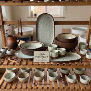 A multi-tiered wooden display shelf laden with a diverse collection of handcrafted ceramics by Verdequale. The artisanal tableware includes rustic stoneware bowls, textured plates, ceramic mugs with a light green glaze, a tactile jug, and various small spice pots, accompanied by polished wooden spoons. A small ceramic sign featuring a leaf logo and the text "VERDEQUALE" and "www.verdequale.com" is prominently placed on the middle shelf, all set within a bright pottery studio with kilns in the background.