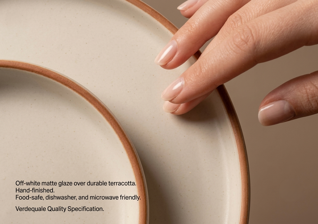 A close-up view of stacked off-white handcrafted ceramic plates and bowls with distinct natural terracotta rims, showing a hand with clear nail polish inspecting the texture.