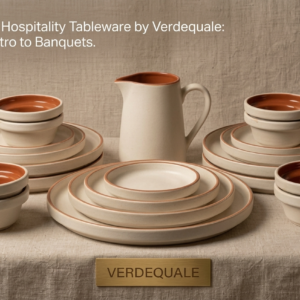 A close-up view of stacked off-white handcrafted ceramic plates and bowls with distinct natural terracotta rims, showing a hand with clear nail polish inspecting the texture.
