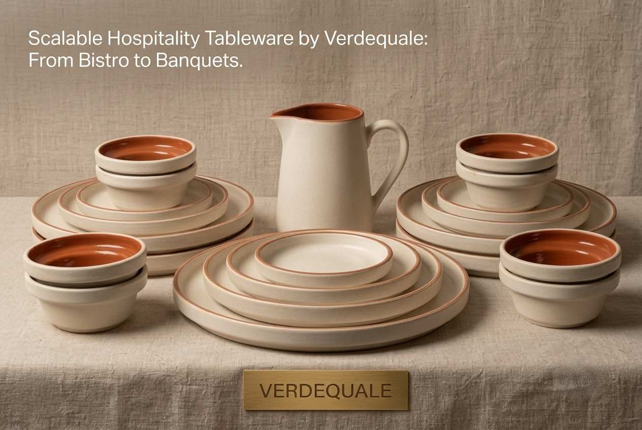 A close-up view of stacked off-white handcrafted ceramic plates and bowls with distinct natural terracotta rims, showing a hand with clear nail polish inspecting the texture.