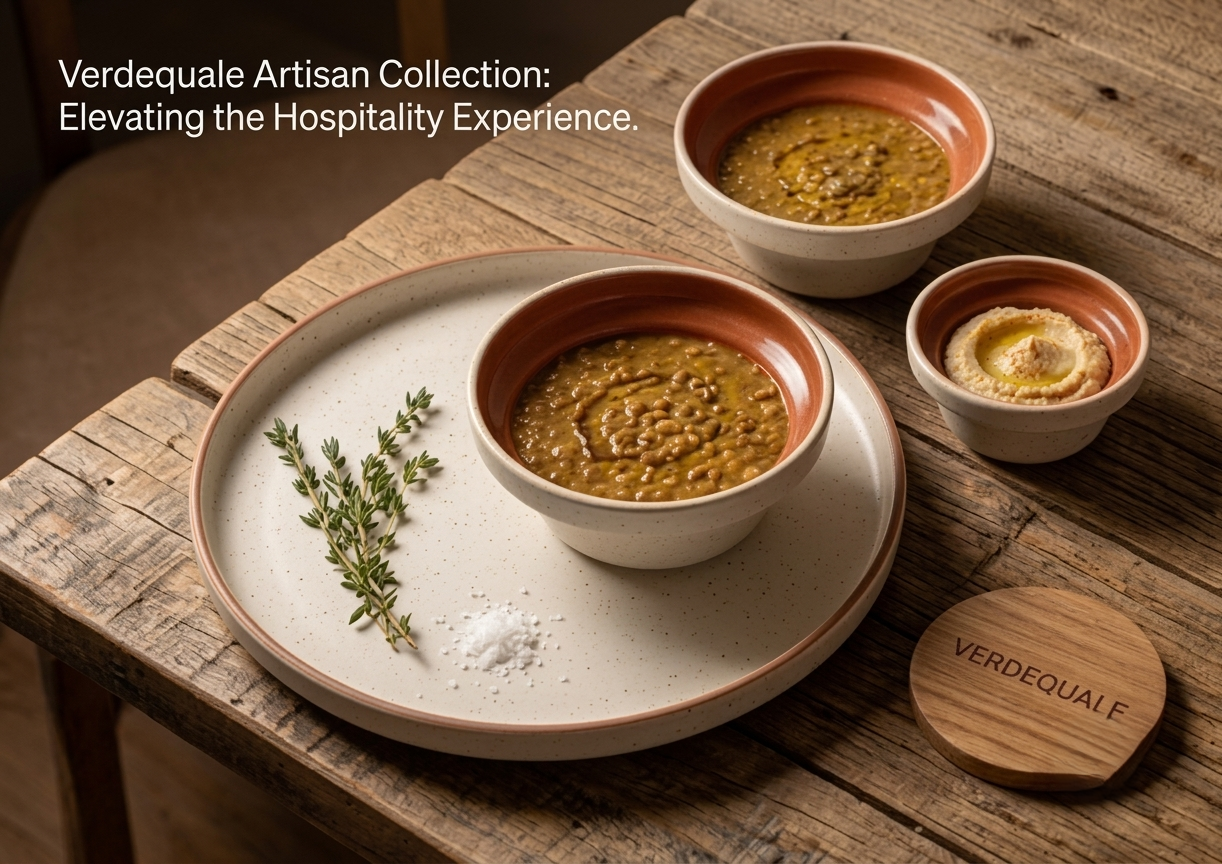 A close-up view of stacked off-white handcrafted ceramic plates and bowls with distinct natural terracotta rims, showing a hand with clear nail polish inspecting the texture.