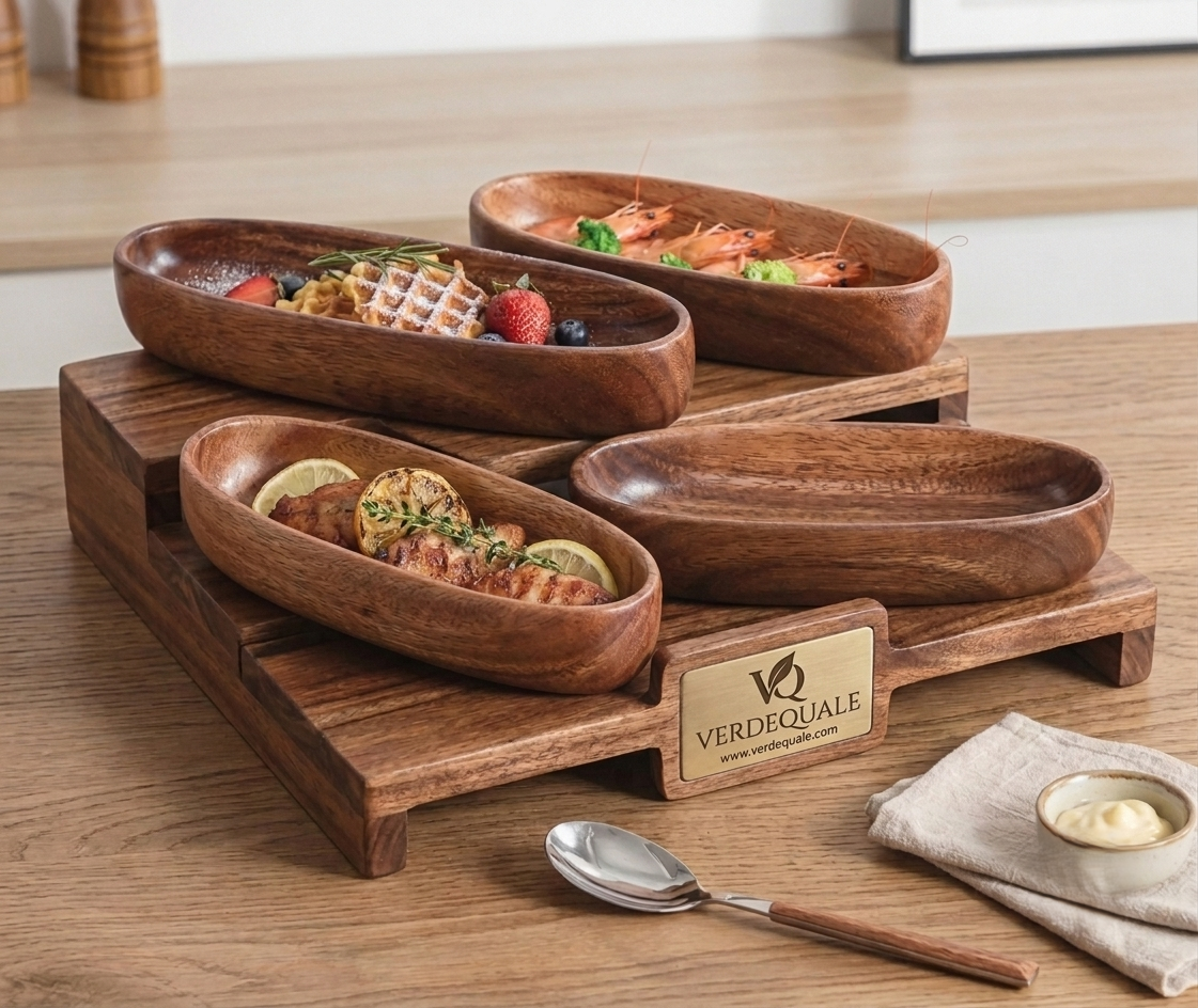A multi-tiered wooden serving stand holding four empty, boat-shaped wooden bowls. The stand features a brass-toned plaque with the Verdequale VQ logo. The tableware is set on a wooden table alongside gold appetizer forks and an embroidered linen napkin.