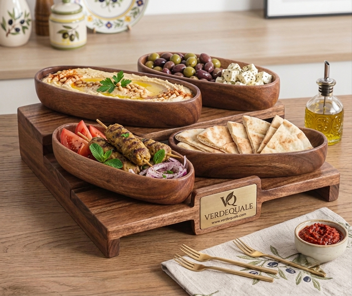 A multi-tiered wooden serving stand holding four empty, boat-shaped wooden bowls. The stand features a brass-toned plaque with the Verdequale VQ logo. The tableware is set on a wooden table alongside gold appetizer forks and an embroidered linen napkin.