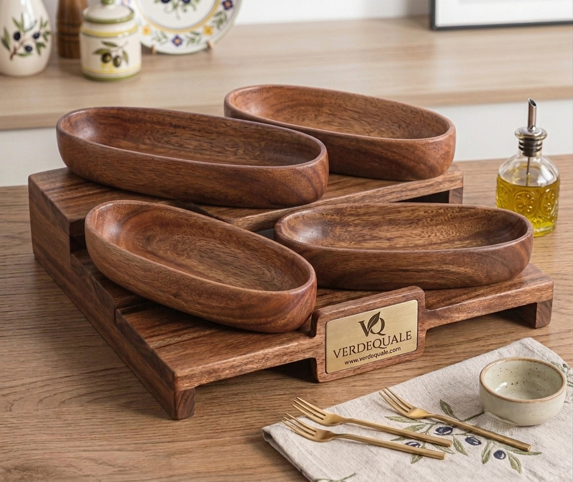 Premium Wooden Boat-Shaped Serving Bowls with Tiered Stand | Rustic Acacia Wood Appetizer Platter & Charcuterie Display Set - Image 4